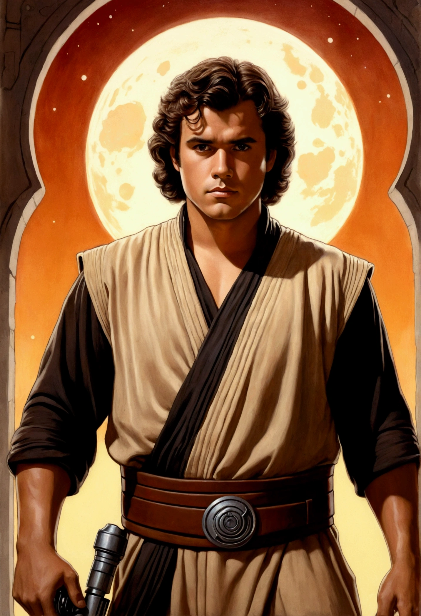 An illustrated movie poster, hand-drawn, full color, a Jedi Knight, 25-years-old, male, wearing a tunic shirt, portly figure, broad shoulders, muscular, hairy body, lost of body hair, brown eyes, brown-black hair, curly voluminous mane, sun-tanned skin, resembles Gavin Leatherwood, standing in a seedy cantina, graphite shading, stencil marks, airbrushed acrylic paint, masterpiece, in the style of Drew Struzan