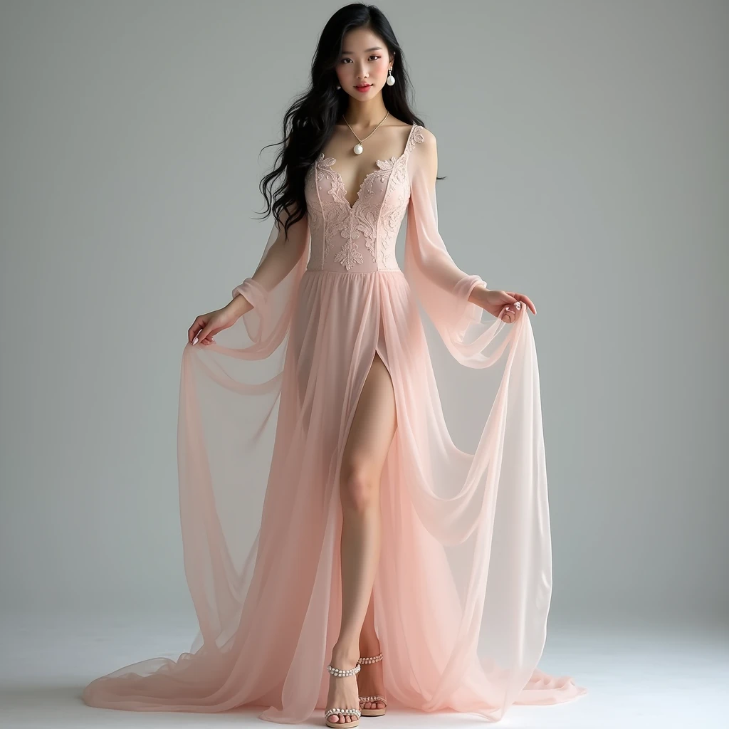 A full-body image of an Asian woman with an angelic essence, standing gracefully against a gray background. She wears a blush pink chiffon gown that flows elegantly to the ground, with delicate lace accents around the bodice and sleeves. The gown’s airy fabric sways softly, reminiscent of fluttering wings. Her long, black hair cascades in soft waves, framing her serene, glowing face with bright, almond-shaped eyes. Her delicate sandals are adorned with small pearls, adding a touch of divine beauty. She wears a delicate chain necklace with a raw pearl pendant and matching pearl drop earrings, catching the light and enhancing her ethereal charm.