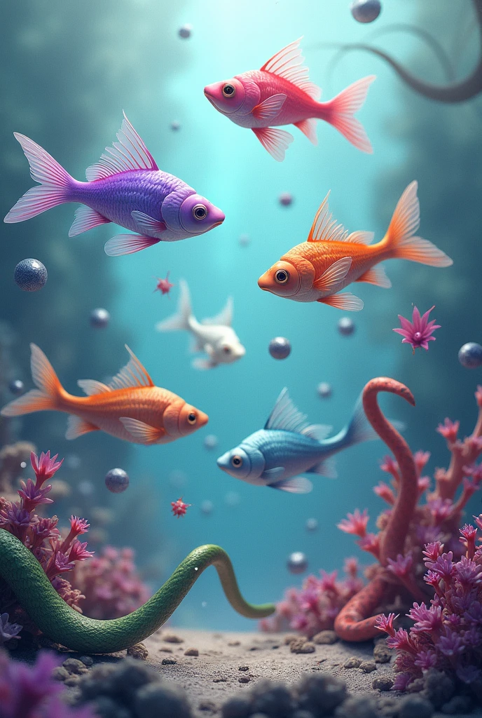 Create an image with fish in purple colors, rot, cerulean, offwhite, Pink, each one in a color porém as asas de todos são transparentes. Snakes in green colors, orange, rot, blackw, each one in a color. O fundo cerulean bebê com alguns tons suaves de cinza claro e lilás. Behind the fish and snakes there are some gray and indian orbs, alternating sizes between small, medium and large. PICTURE REALISTIC.