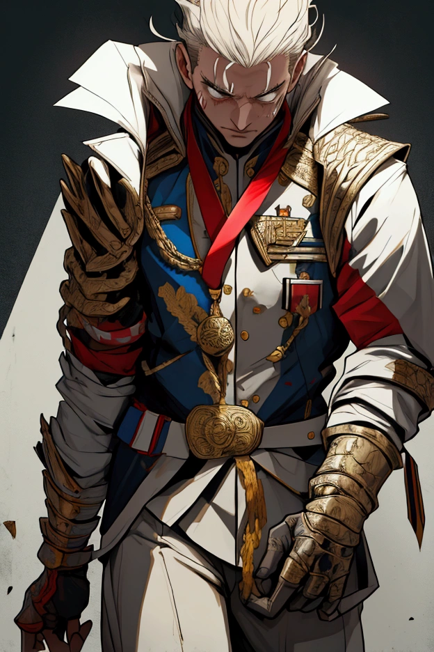 1 male, with both arms and one leg made of medal, ripping off another man's arm, who looks VERY PAINFUL