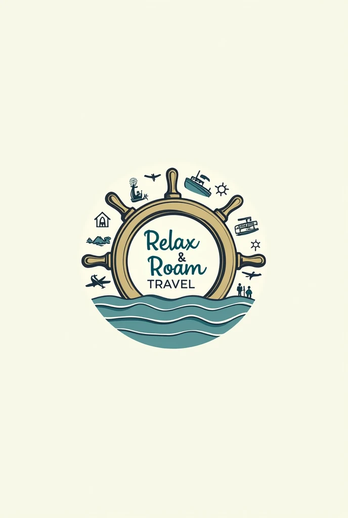 make me a clean, elegant logo of relax & roam travel with a vibe of relaxing vacations, anchor, cruise ship, travelers, guests, tour guides, island, travel bags, airplane, bus, sea water and the name of the company which is RELAX & ROAM TRAVEL and it's slogan "explore more, worry less" in a one steering wheel, like LOGO should be detailed and understandable