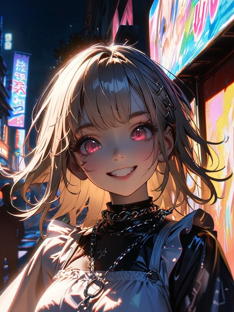 1 person, chromatic aberration, Written boundary depth, Soft Light, masterpiece, Highest quality, complicated, Tone Mapping, A place where fireworks are set off at festivals. Concept Art, Smooth, Clear focus, Dramatic lighting, Very cinematic, super practical painting, アートステーション's trending, 8k, Incredible Shadows, practical, whole body, View, Viewers, Portrait of a Girl 1, standing on street corner, Heavy rain and lightning、Dark Sky, neon and cyber punk background, she is dressed in punk clothing with silver chains and silver spikes, Her hair was dyed light brown.....................Ominous aura of light, smile, punk, ciber punk, Backlight.Fashionable clothes、Friendly dress code: wearing cute white dress.My breasts are a little big