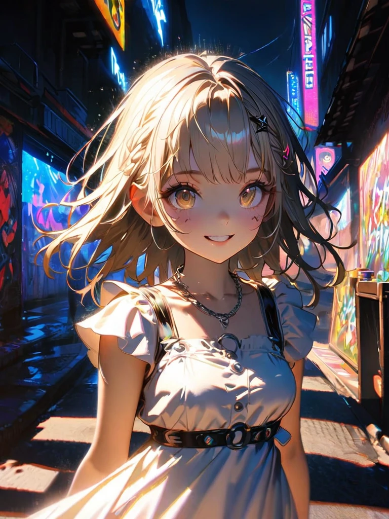 1 person, chromatic aberration, Written boundary depth, Soft Light, masterpiece, Highest quality, complicated, Tone Mapping, A place where fireworks are set off at festivals. Concept Art, Smooth, Clear focus, Dramatic lighting, Very cinematic, super practical painting, アートステーション's trending, 8k, Incredible Shadows, practical,  whole body, View, Viewers, Portrait of a Girl 1, standing on street corner, Heavy rain and lightning、Dark Sky, neon and cyber punk background, she is dressed in punk clothing with silver chains and silver spikes, Her hair was dyed light brown.....................Ominous aura of light, smile, punk, ciber punk, Backlight.Fashionable clothes、Friendly dress code: wearing cute white dress.My breasts are a little big