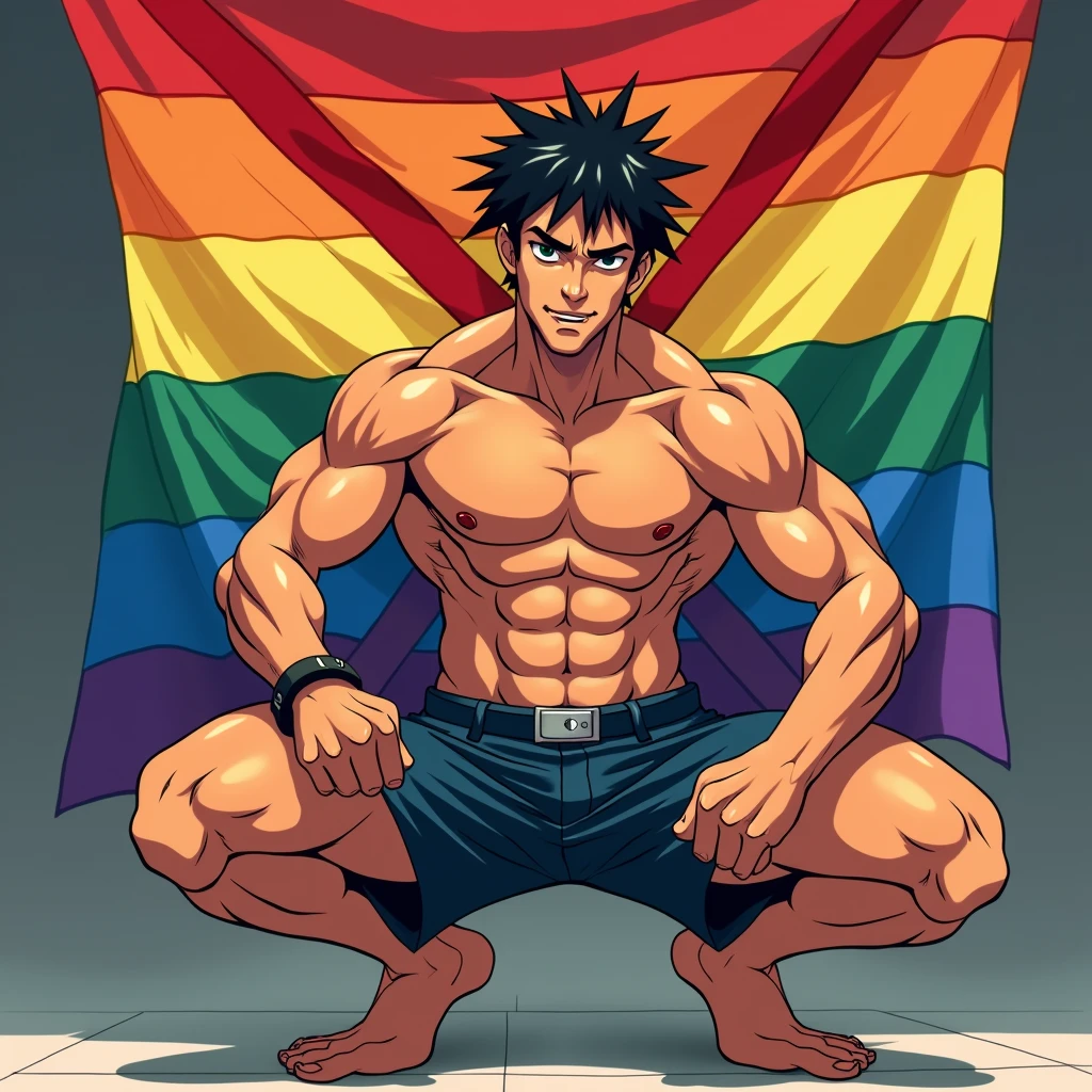 anime art: a 1 hot sweaty latin tanned male, wearing school uniform, big bulge, holding a lgbt flag with a red X mark in it, squatting down