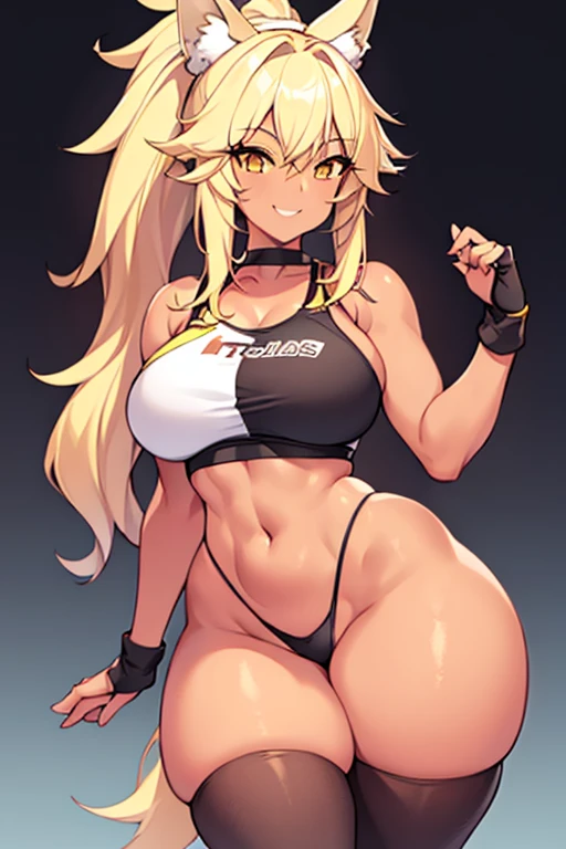 1girl, wolf ears, wolf tail, blonde hair, tan, tan skin, large breasts, thick thighs, yellow eyes, ponytail, sportswear, toned, hourglass figure, mature female, smile, sports bra, highleg, bare legs, light smile