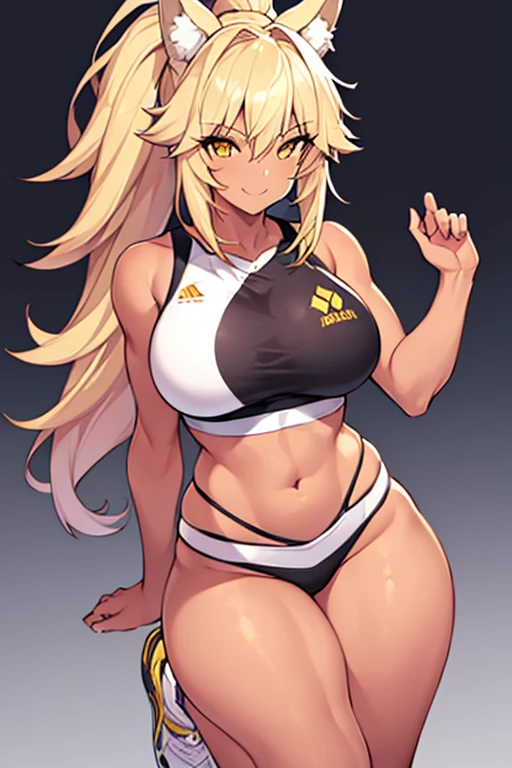 1girl, wolf ears, wolf tail, blonde hair, tan, tan skin, large breasts, thick thighs, yellow eyes, ponytail, sportswear, toned, hourglass figure, mature female, smile, sports bra, highleg, bare legs, light smile