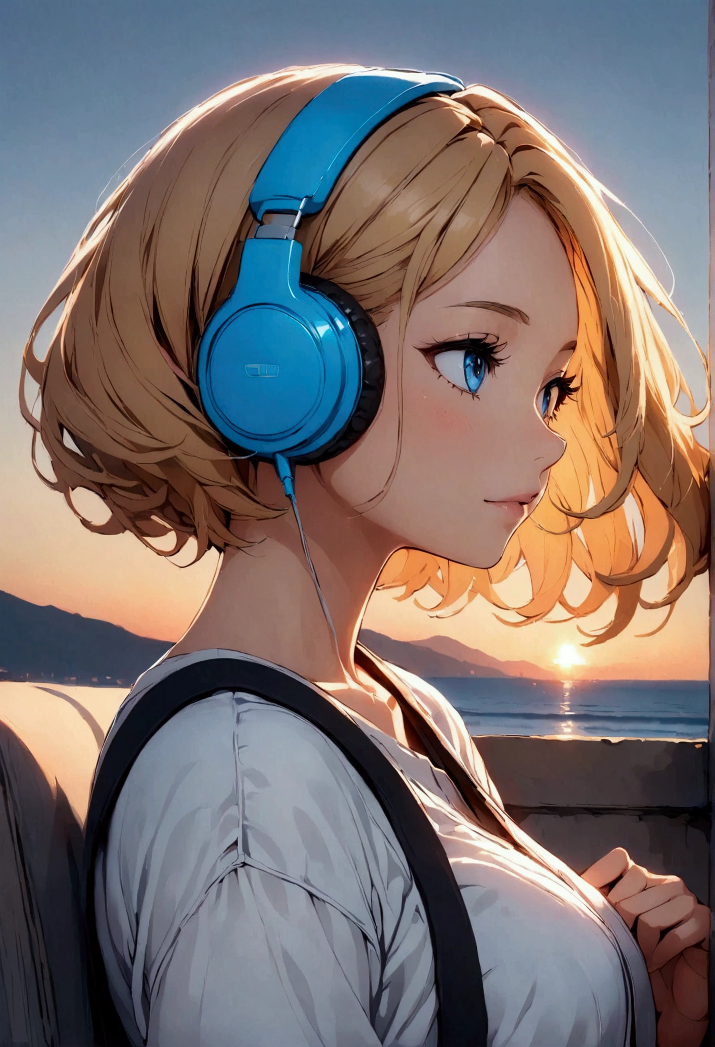 Beautiful girl watching listening to music while watching the sunset