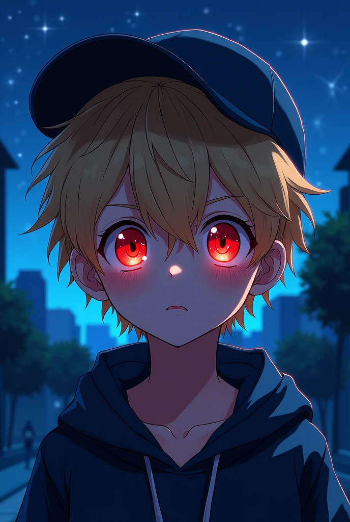 Chico, rubio, Red eyes, cap, night landscape, anime style 