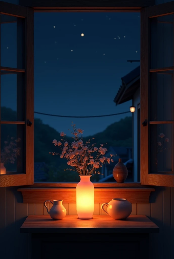 I would like to create an image seen from inside a house towards a table near an open window looking out., that lets you see the dark night, where there is a vase illuminated by a lamp with warm light