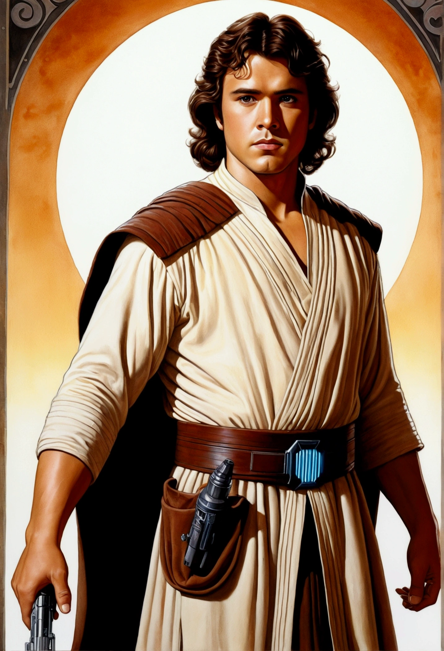 An illustrated movie poster, hand-drawn, full color, a Jedi Knight, 25-years-old, male, wearing a tunic shirt, portly figure, broad shoulders, muscular, hairy body, lost of body hair, brown eyes, brown-black hair, curly voluminous mane, sun-tanned skin, resembles Gavin Leatherwood, standing in a seedy cantina, graphite shading, stencil marks, airbrushed acrylic paint, masterpiece, in the style of Drew Struzan