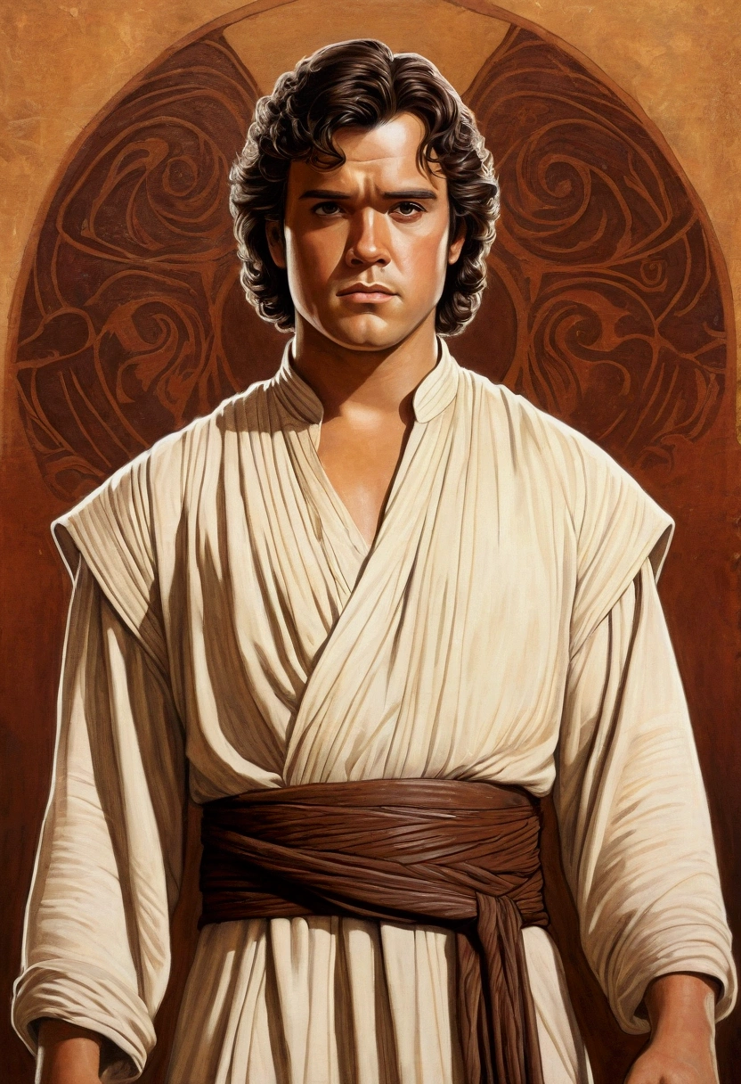 An illustrated movie poster, hand-drawn, full color, a Jedi Knight, 25-years-old, male, wearing a tunic shirt, portly figure, broad shoulders, muscular, hairy body, lost of body hair, brown eyes, brown-black hair, curly voluminous mane, sun-tanned skin, resembles Gavin Leatherwood, standing in a seedy cantina, graphite shading, stencil marks, airbrushed acrylic paint, masterpiece, in the style of Drew Struzan