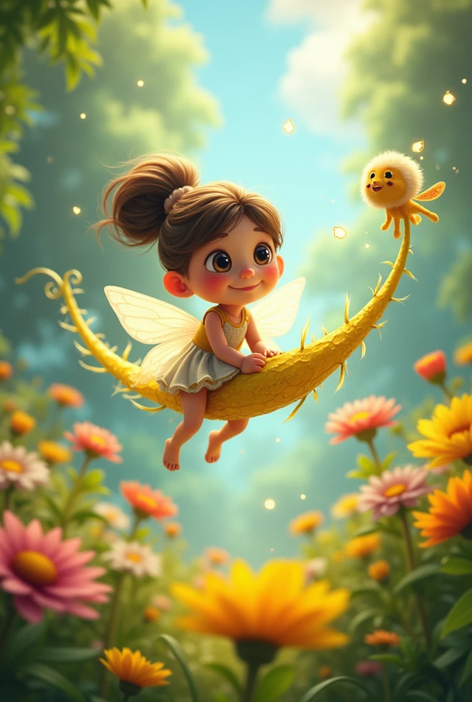 Ria a young and the Fairy playing together: Imagine a scene where Ria the young girl and the fairy are flying on a dandelion seed through the garden.I am animated characters