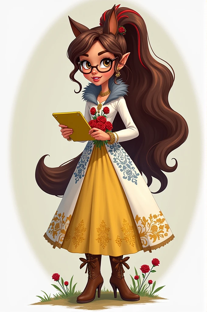 Imagem da filha da Ramona Badwof e da Rosabella Beauty de Ever After High: A long wavy brown ponytail with red streaked bangs, first of all, light brown eyes, brown glasses with a red rose, long white blouse with blue, with red roses on the blouse and sleeves, yellow skirt with golden roses, a faux fur collar around the neck of gray color, wolf earrings, wolf necklace,brown high heel boots with roses, golden flower tiara on head, You have to be holding a yellow tablet with red roses in your hands, You have to have red highlights in your hair, wolf elements in clothing, you shouldn&#39;t have wolf ears in your hair, take the wolf ears off her head