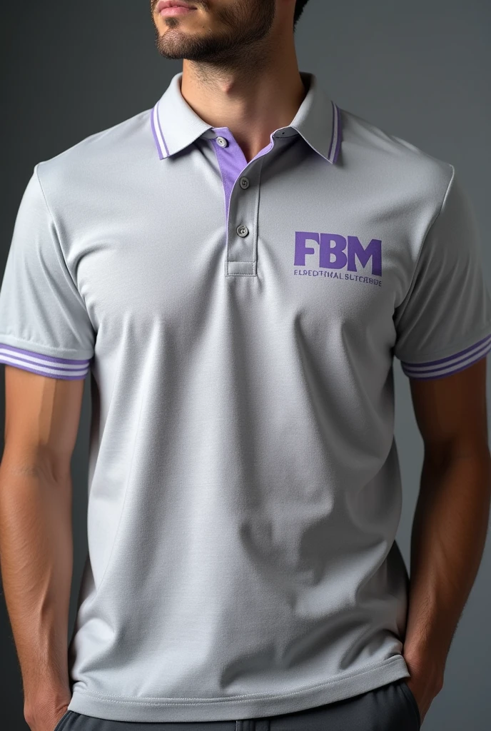 Create a really nice polo style t-shirt, with the FBM logo on the side and the name fembiomark below the letters, the color of the letters is light purple and the shirt is light gray, very formal, and on the sleeves only at the tip is lilac too