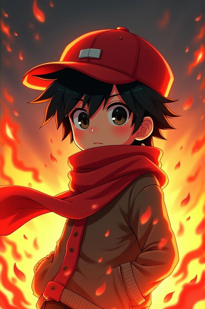 Fanart of an anime boy with black eyes, brown skin color, black hair color. He will be wearing a red cap, Red scarf, red background on fire