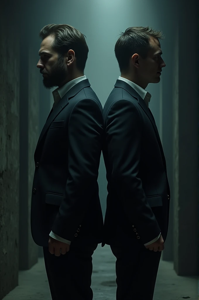 Two men back to back in the dark, but they are exactly the same