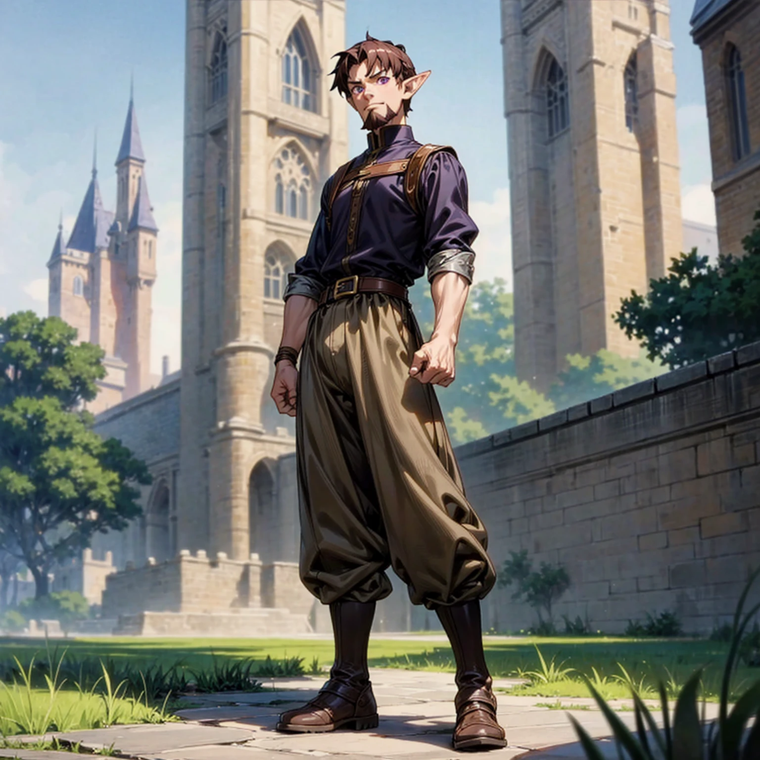 Solo character, full body version, middle aged man, chin beard, tall height muscle, (elf), purple eyes, brown color hair, undercut hair, black shirt, brown long pants, Boots, belt, outdoor, park, town, medieval, standing gesture, detailed background, detailed clothing, detailed hair, (Makoto shinkai style art), gold armor