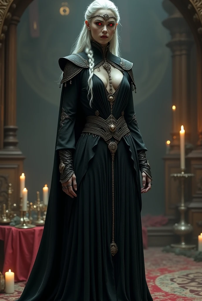 Physical Features: Sylara is a tall, slender Dunmer with ashen gray skin, typical of her race. Her eyes are a piercing red, symbolizing her connection to the dark arts, and her long white hair is often tied back in a loose braid., Clothing: Wears a combination of enchanted robes and light armor. Prefers the Black Mage Robes for their sinister elegance, paired with Elven Boots and Gauntlets enchanted with Fortify Magicka and Fortify Stamina respectively. During rituals or combat, she dons the Diadem of the Savant for a boost to her magical abilities., UHD, retina, masterpiece, accurate, anatomically correct, textured skin, super detail, high details, high quality, award winning, best quality, highres, 1080P, HD, 4K, 8k, 16k