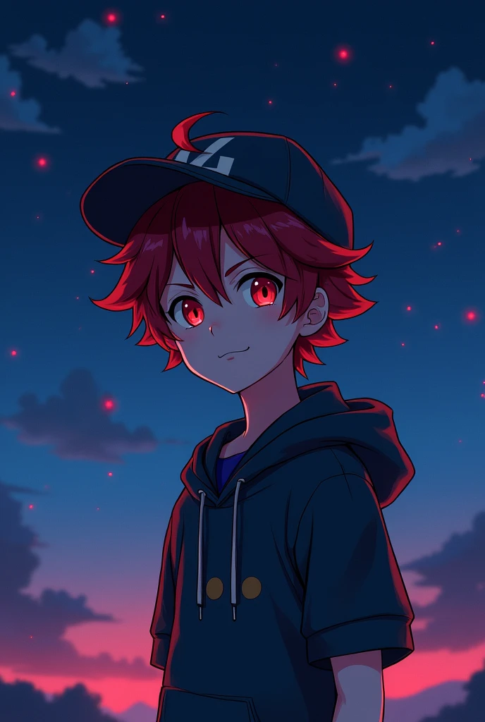 teenage boy, rubio, Red eyes, cap, night landscape, anime style