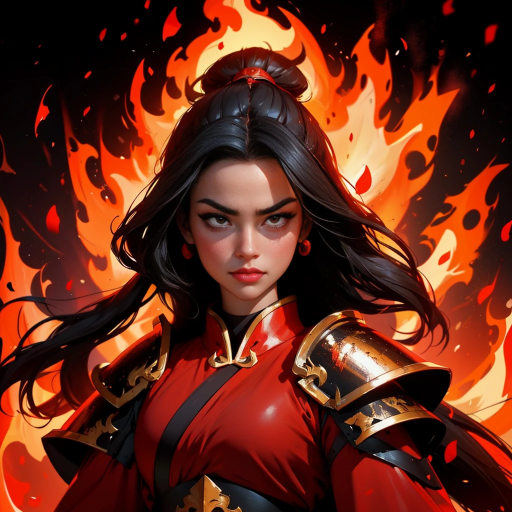 envision a 8k, highres, cinematic, close up beautiful portrait of a fierce girl named Azula with long black hair in a Chinese bun Red eyes, wearing a warrior robe with leather armor plates and fire effects against a dark background
