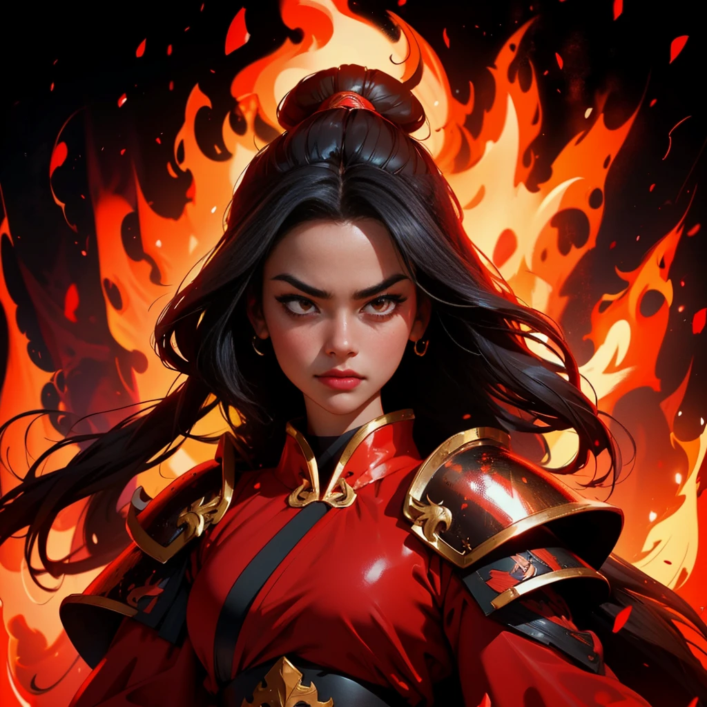 envision a 8k, highres, cinematic, close up beautiful portrait of a fierce girl named Azula with long black hair in a Chinese bun Red eyes, wearing a warrior robe with leather armor plates and fire effects against a dark background