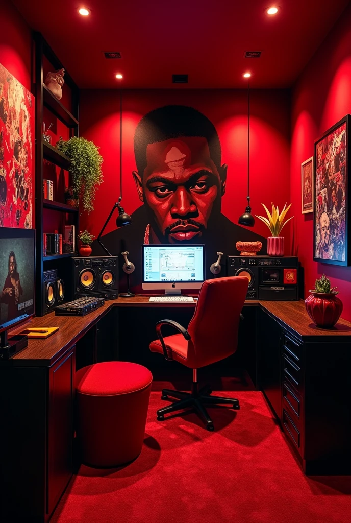 Create an image about this; I have a small room, it has four walls, I have a low budget but I want to remodel it with red and black colors to make a podcast, and also place the elements that are used in a podcast such as chair, furniture, lights, the podcast is called the trap on one of the walls make a graffiti of notorious big
