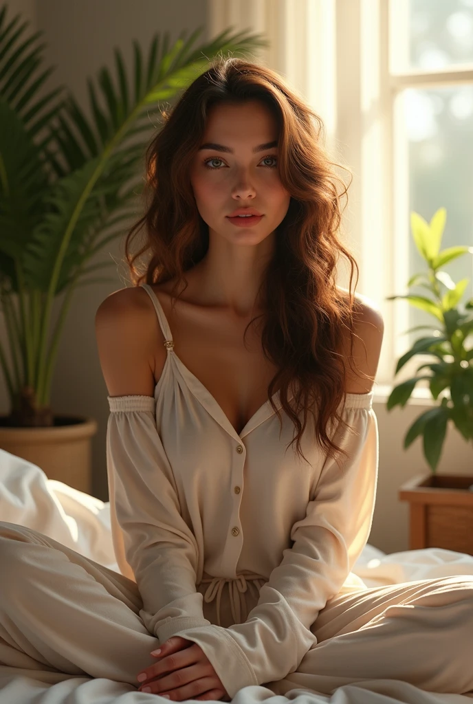 (photorealism:1.2), beautiful woman, sitting on bed, wearing loose off-shoulder top, pajama pants, long curly hair, indoors, soft lighting, plants in background, window with sunlight, cozy room, relaxed pose, realistic, intricate details, warm colors, by Greg Rutkowski, by Alphonse Mucha