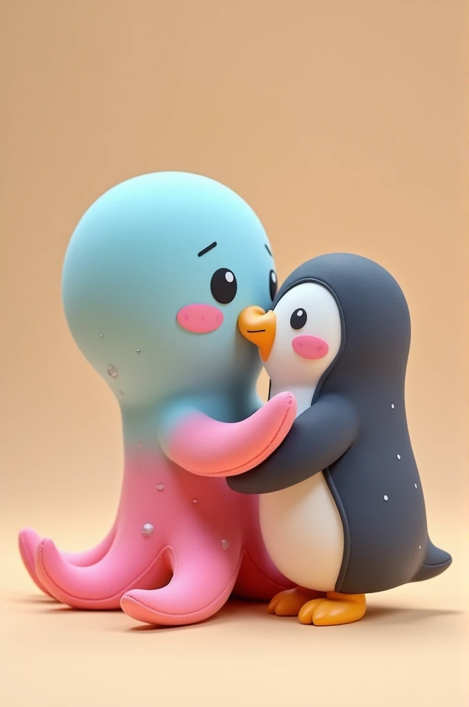 Create a cute-looking moldable foam octopus by giving a kiss to a cute-looking moldable foam penguin