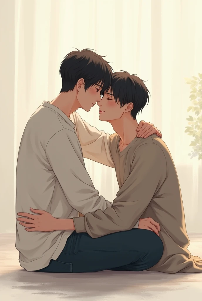 A 170cm tall man with short black hair parted in the middle is sitting on the floor.、An illustration showing the whole body of a man sitting on the man's lap, facing each other and embracing a man with a 163cm tall man and medium-length hair.