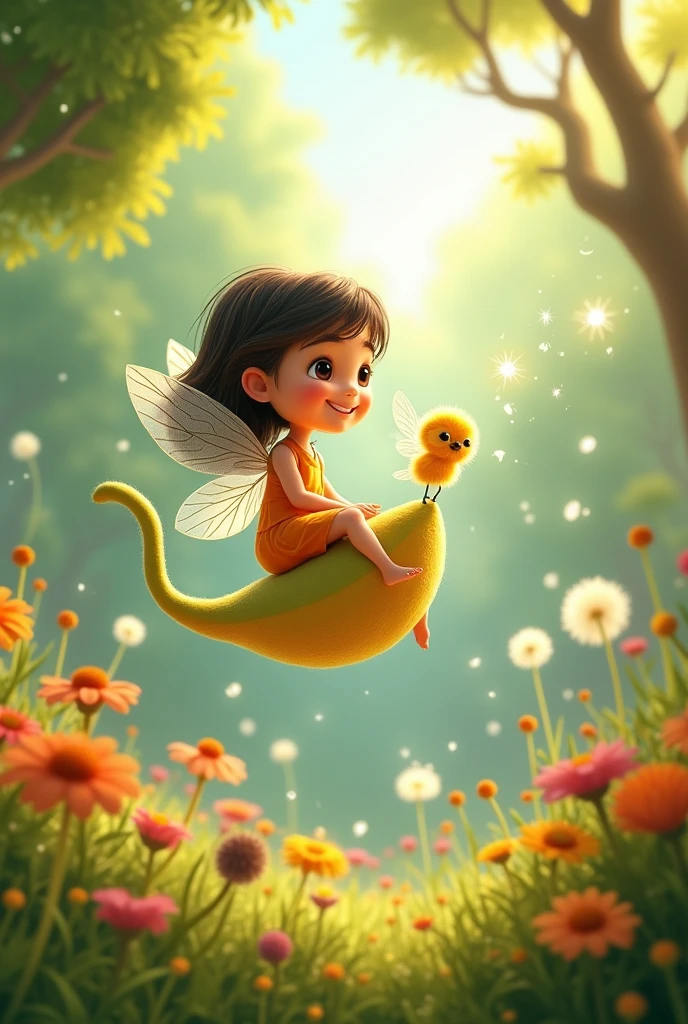 Ria a young and the Fairy playing together: Imagine a scene where Ria the young girl and the fairy are flying on a dandelion seed through the garden.I am animated characters