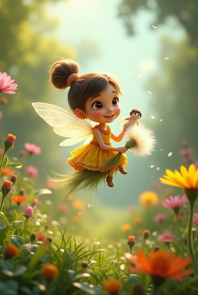 Ria a young  and the Fairy playing together: Imagine a scene where Ria the young girl and the fairy are flying on a dandelion seed through the garden.I am animated characters 