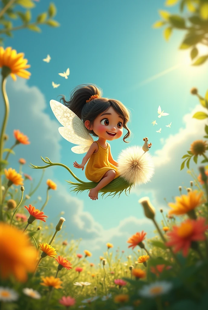 Ria a young and the Fairy playing together: Imagine a scene where Ria the young girl and the fairy are flying on a dandelion seed through the garden.I am animated characters