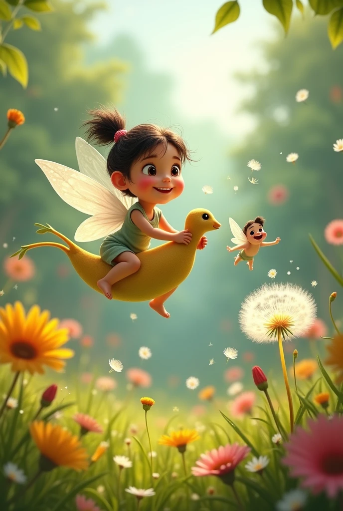 Ria a young and the Fairy playing together: Imagine a scene where Ria the young girl and the fairy are flying on a dandelion seed through the garden.I am animated characters