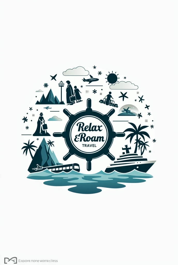 make me a clean, elegant logo of relax & roam travel with a vibe of relaxing vacations, anchor, cruise ship, travelers, guests, tour guides, island, travel bags, airplane, bus, sea water and the name of the company which is RELAX & ROAM TRAVEL and it's slogan "explore more, worry less" inside a one steering wheel, like LOGO should be detailed and understandable