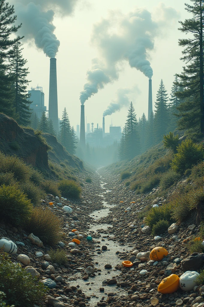 The floor in nature is completely filled with garbage, waste, and oil cans, and non-ecological materials. In the background, full of factories, buildings in gray color, from which black smoke comes out, and behind it, nature, which is not in such a good condition.
I want the picture to be more colorful, not like the real thing, and not so many and bright colors, softer and not to have the factories in the middle, but on the two sides.