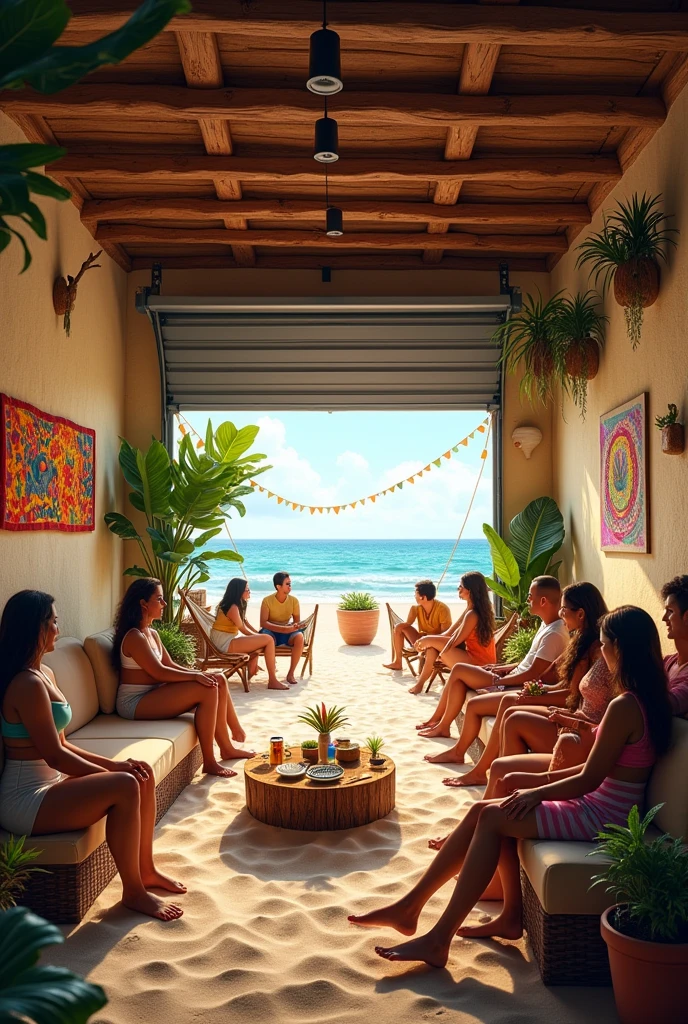 Create a small social environment inside a garage with a beach and caiçara theme.