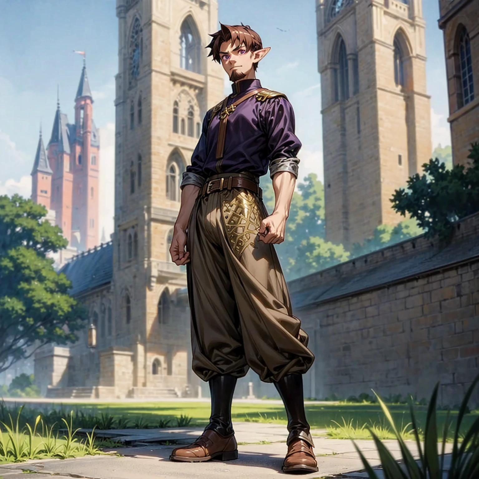 Solo character, full body version, middle aged man, chin beard, tall height muscle, (elf), purple eyes, brown color hair, undercut hair, black shirt, brown long pants, Boots, belt, outdoor, park, town, medieval, standing gesture, detailed background, detailed clothing, detailed hair, (Makoto shinkai style art), gold armor