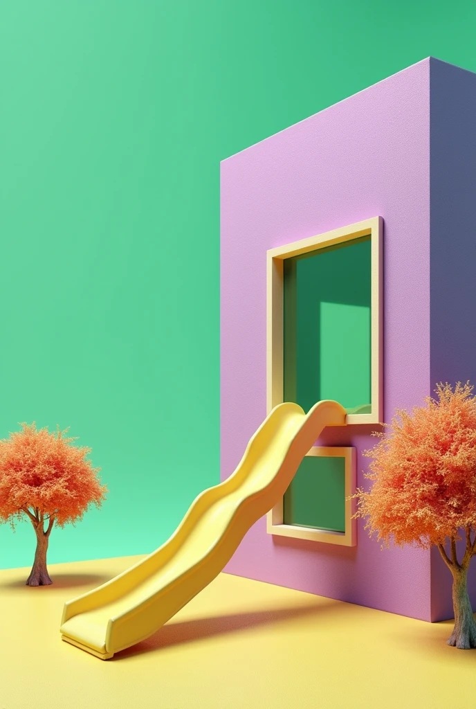 A drawing of a building that is in the corner of the image and only half of it is visible, The building has many transparent windows and next to it there is a slide with a small tunnel and two trees on each side of the slide., The ONLY colors you should use are green, purple and yellow since it is with the trichrome technique
