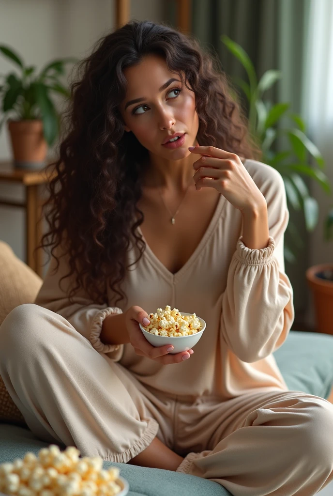 (photorealism:1.2), beautiful woman, biting nails, at home, living room, eating popcorn, long curly hair, indoors, soft lighting, relaxed pose, realistic, intricate details, warm colors, colorful home clothes