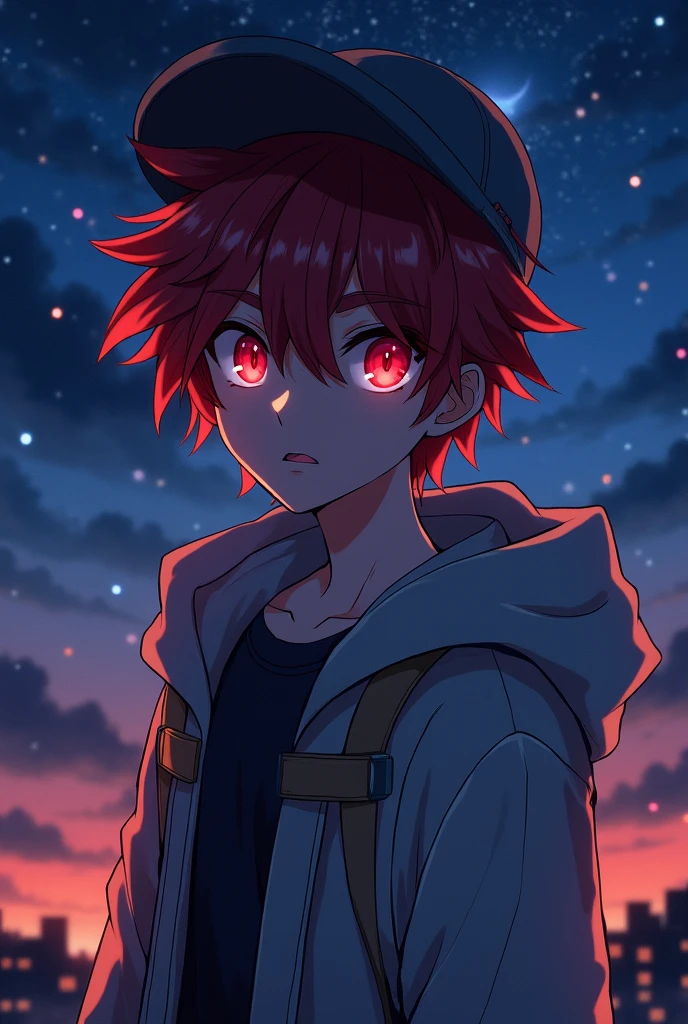 teenage boy, rubio, Red eyes, cap, night landscape, anime style