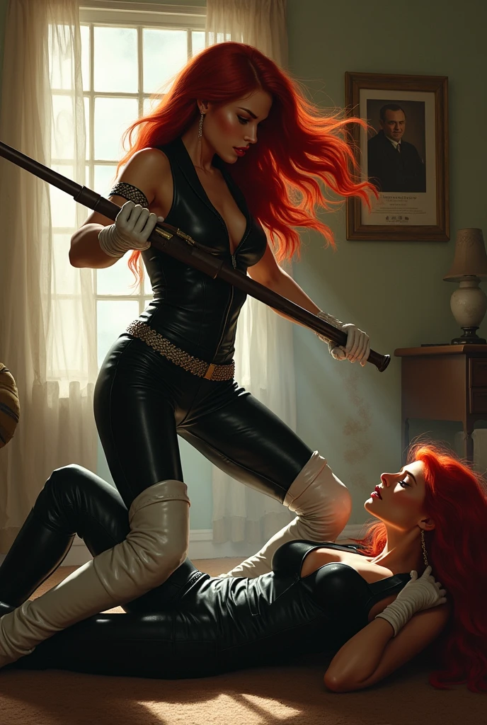 Une famme qui porte une perugu de cheveux longs et roux et qui porte une tenu moulante et en cuir et qui porte une des bottes Lons et blanc et qui porte des gants en cuir blanc et Lons qui avec un pistolets elle tue une famme dans une maison