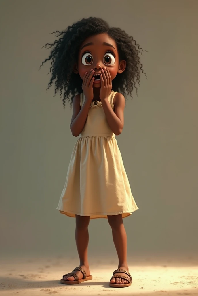 An african girl shocked standing wearing a dress and sandles with hands on her mouth
