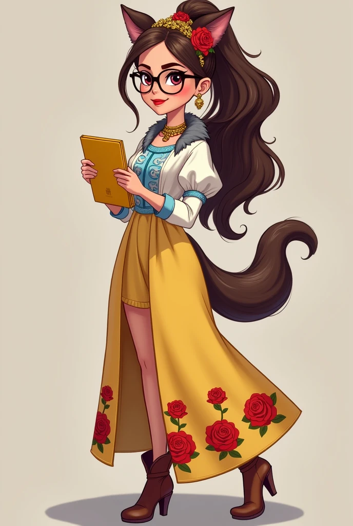 Imagem da filha da Ramona Badwof e da Rosabella Beauty de Ever After High: A long wavy brown ponytail with red streaked bangs, first of all, light brown eyes, brown glasses with a red rose, long white blouse with blue, with red roses on the blouse and sleeves, yellow skirt with golden roses, a faux fur collar around the neck of gray color, wolf earrings, wolf necklace,brown high heel boots with roses, golden flower tiara on head, You have to be holding a yellow tablet with red roses in your hands, You have to have red highlights in your hair, you shouldn't have wolf ears in your hair