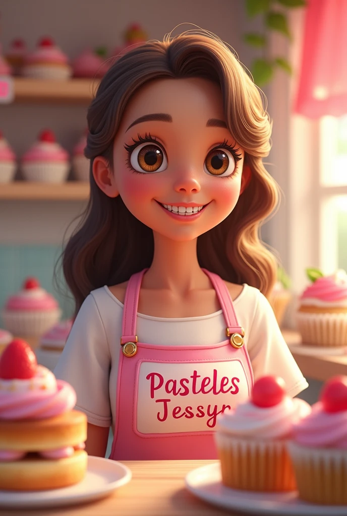 Pastry girl, light brown skin color, dark brown eyes,smiling with braces on teeth, long loose hair, hair with caramel balayage, with a sign on the back “Pasteles JessyP” in pink flowery letters, Pink colour, around cakes, cupcakes