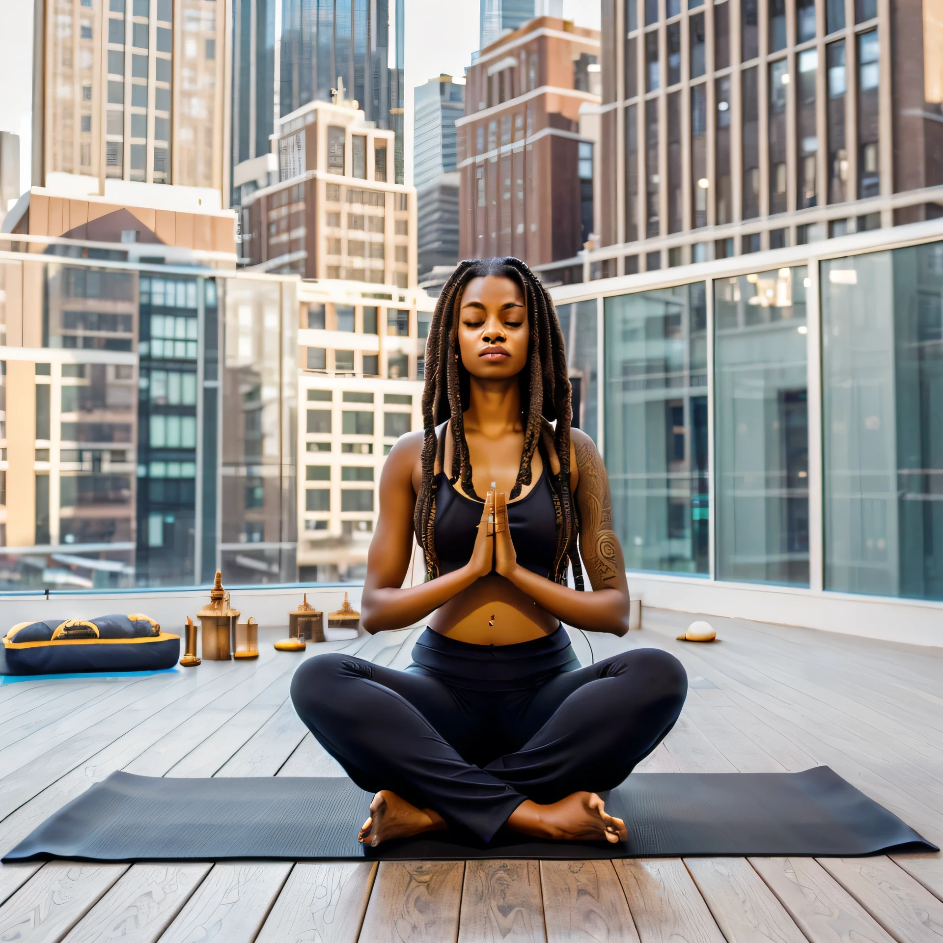 Black woman sitting on a yoga mat in a city setting, meditation pose, meditating pose, yoga meditation pose, meditative sacral pose, meditating in lotus position, lotus pose, anjali mudra, meditative, meditating, centered full body pose, serene expression, stoic pose, padmasana, peaceful, sitting cross-legged, long dreads tattoos