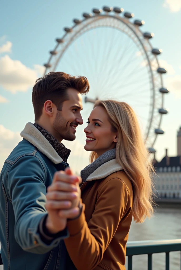 A couple hugging in front of the London Eye,  taking a selfie man brown hair and eyes, blonde woman with green eyes 8k ultra realistic photorealistic 