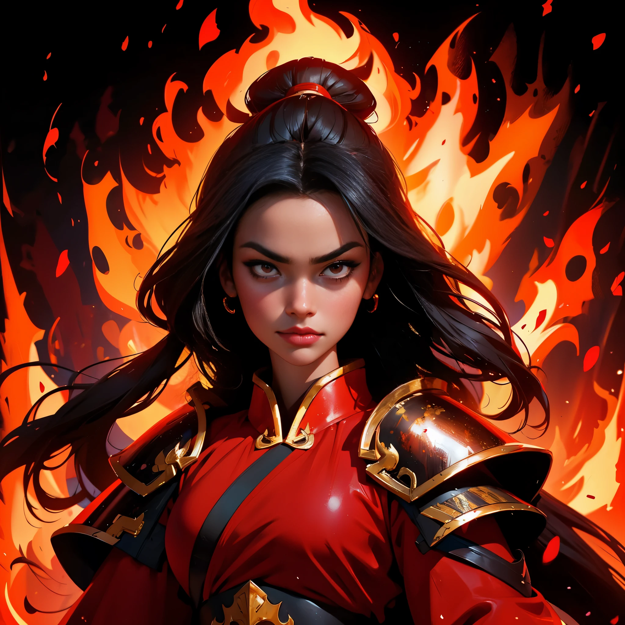 envision a 8k, highres, cinematic, close up beautiful portrait of a fierce girl named Azula with long black hair in a Chinese bun Red eyes, wearing a warrior robe with leather armor plates and fire effects against a dark background