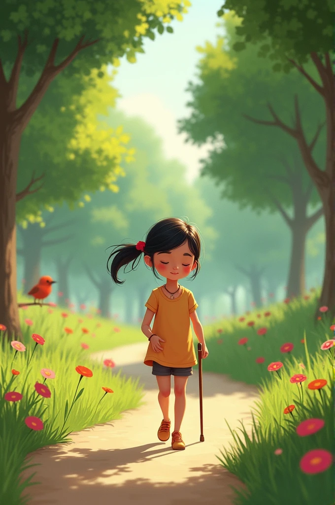 A blind girl, using his cane to walk through the park. With the style of pixar