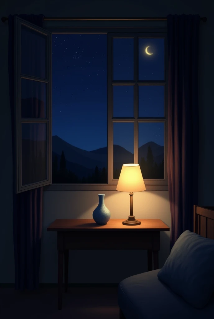 I would like to create a drawing with an image seen from inside a house towards a table near an open window facing outside., that lets you see the dark night, where there is a vase illuminated by a lamp with warm light