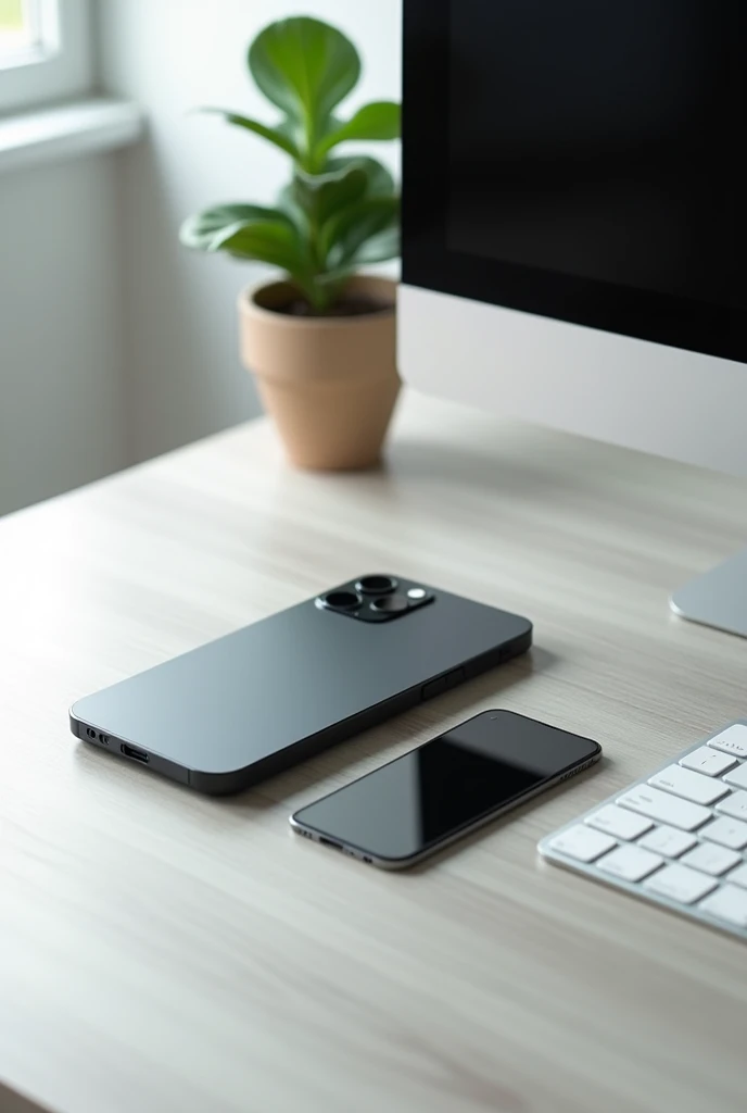 (photorealism:1.2), a black iPhone 15 max on a light table with an iMac pro, a small green plant